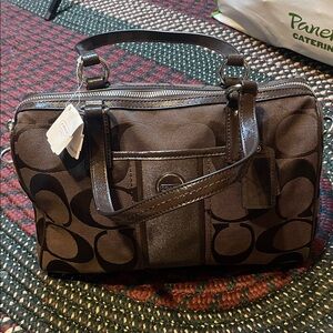 NEW! Coach Signature Canvas Chocolate Brown Stripe HandBag CrossbodyBag Purse
